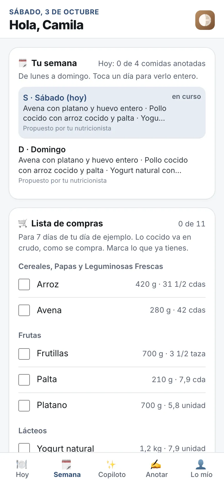 Pantalla Semana: el menú de cada día y el avance de la semana.